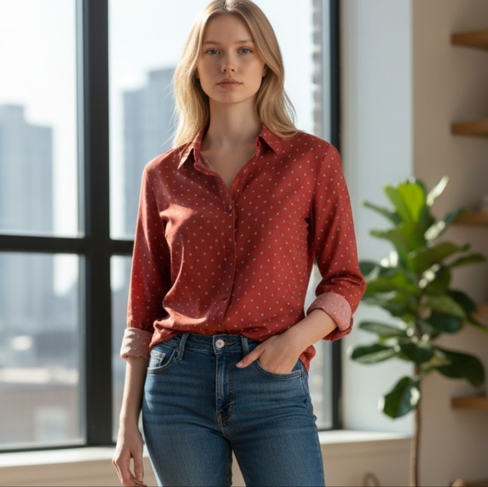 Lauren Conrad Vintage Charm Polka Dot Oxford Button Down Womens Shirt Fall Style